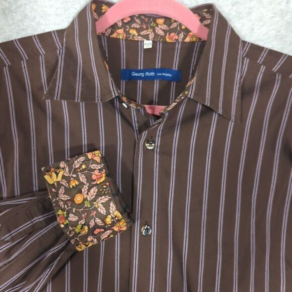 Georg Roth Button Down Shirt Mens XL Brown Striped Floral‎ Cuff Designer Y2K